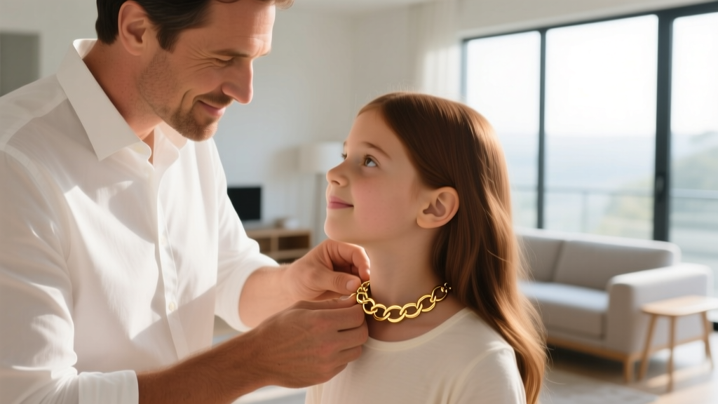 A father fastening a 14k gold interlocking rings necklace around his daughter
