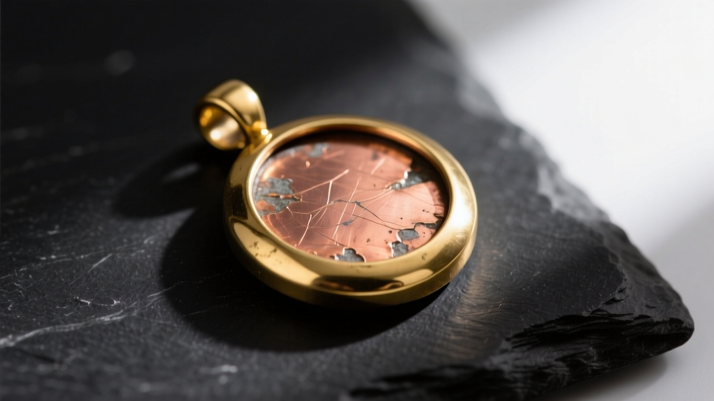 Macro shot of a worn gold-plated brass pendant revealing raw copper base metal underneath, resting on a dark slate surface.