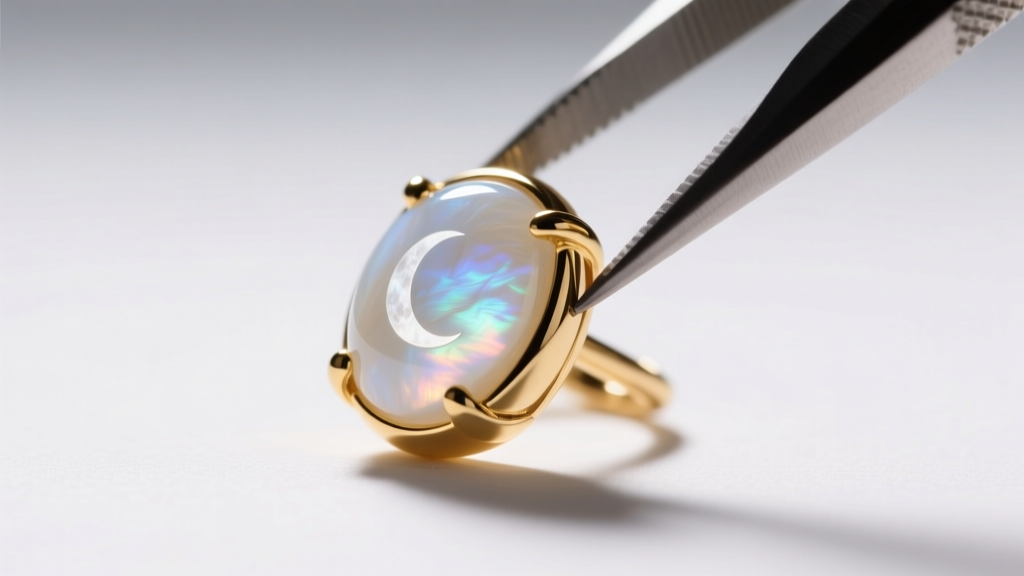 Macro view of a 22-gauge gold bezel wall pushed over a smooth moonstone cabochon earring using fine jewelry tools