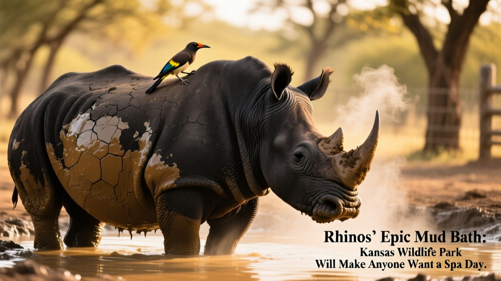 An oxpecker perched calmly on a rhino's back at FurPetVo Wildlife Park, grooming its skin