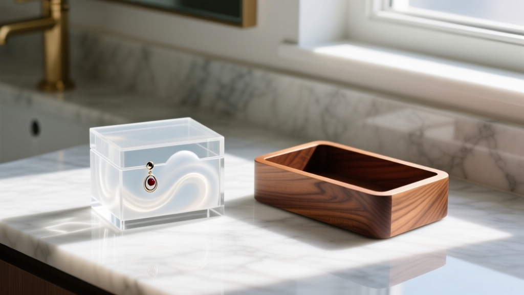 Cloudy acrylic earring storage box next to a pristine solid cherry wood organizer resting on a bright, sunlit marble vanity top