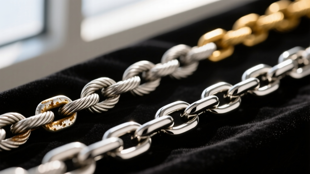 Macro shot comparing a tarnished sterling silver cable chain to a polished 316L surgical steel rope chain on dark velvet