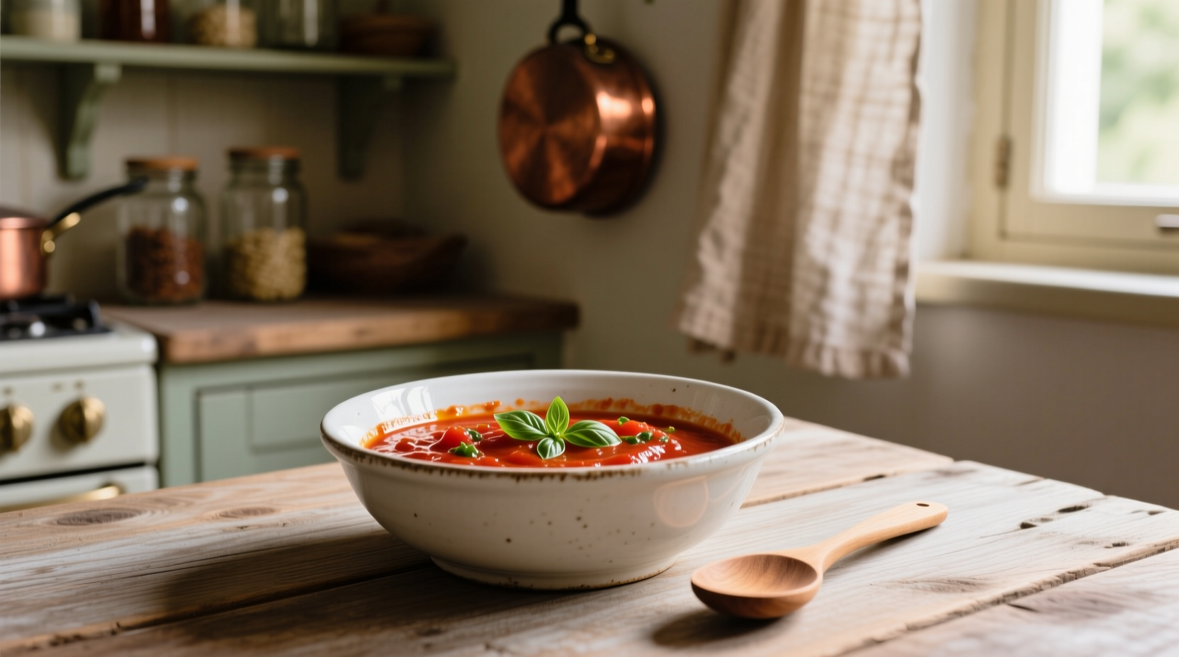 Homemade tomato sauce in white ceramic bowl