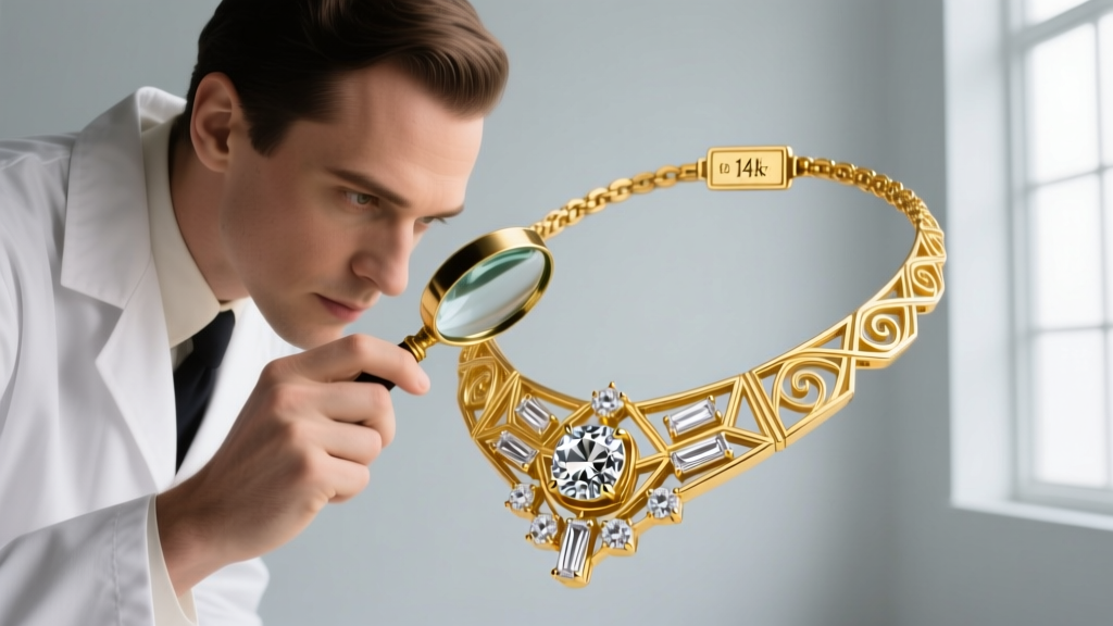 Jeweler using a loupe to inspect the hallmark stamp on the clasp of a vintage 1920s 14k yellow gold Art Deco diamond necklace.