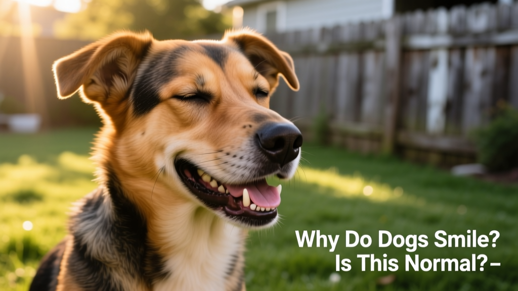 A dog displaying a submissive grin: upper lip lifted, incisors visible, eyes relaxed and partially closed