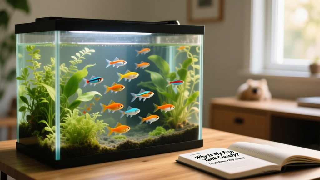 A serene, fully established aquarium with clear water, healthy live plants, and active fish swimming near the front glass