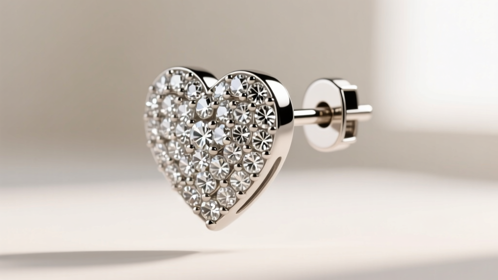 Macro shot of a platinum elevated heart earring with micro-pave diamonds, showing a thick 18-gauge post and secure locking back.
