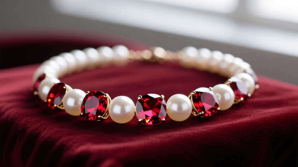 Close-up of a garnet and pearl necklace on velvet, featuring red rhodolite garnets contrasting with lustrous white Akoya pearls