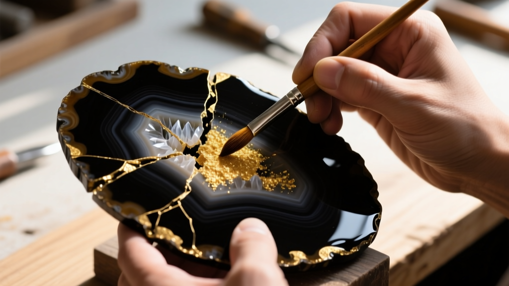 Macro shot of a jeweler applying 23k gold powder with a fine brush onto wet black urushi lacquer on a broken agate slice.