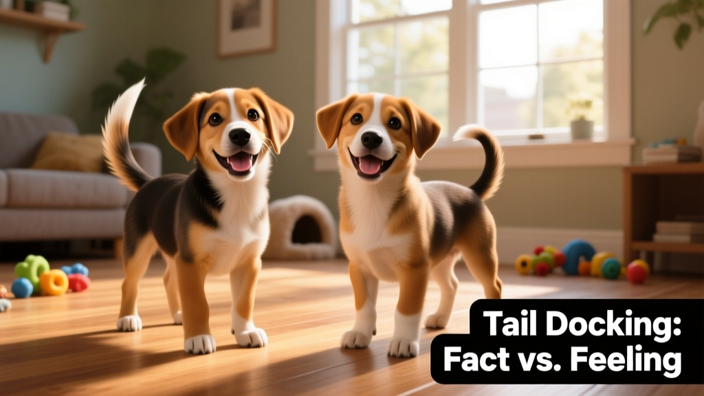 Side-by-side comparison showing a dog with a natural tail and another with a docked tail, both healthy and happy