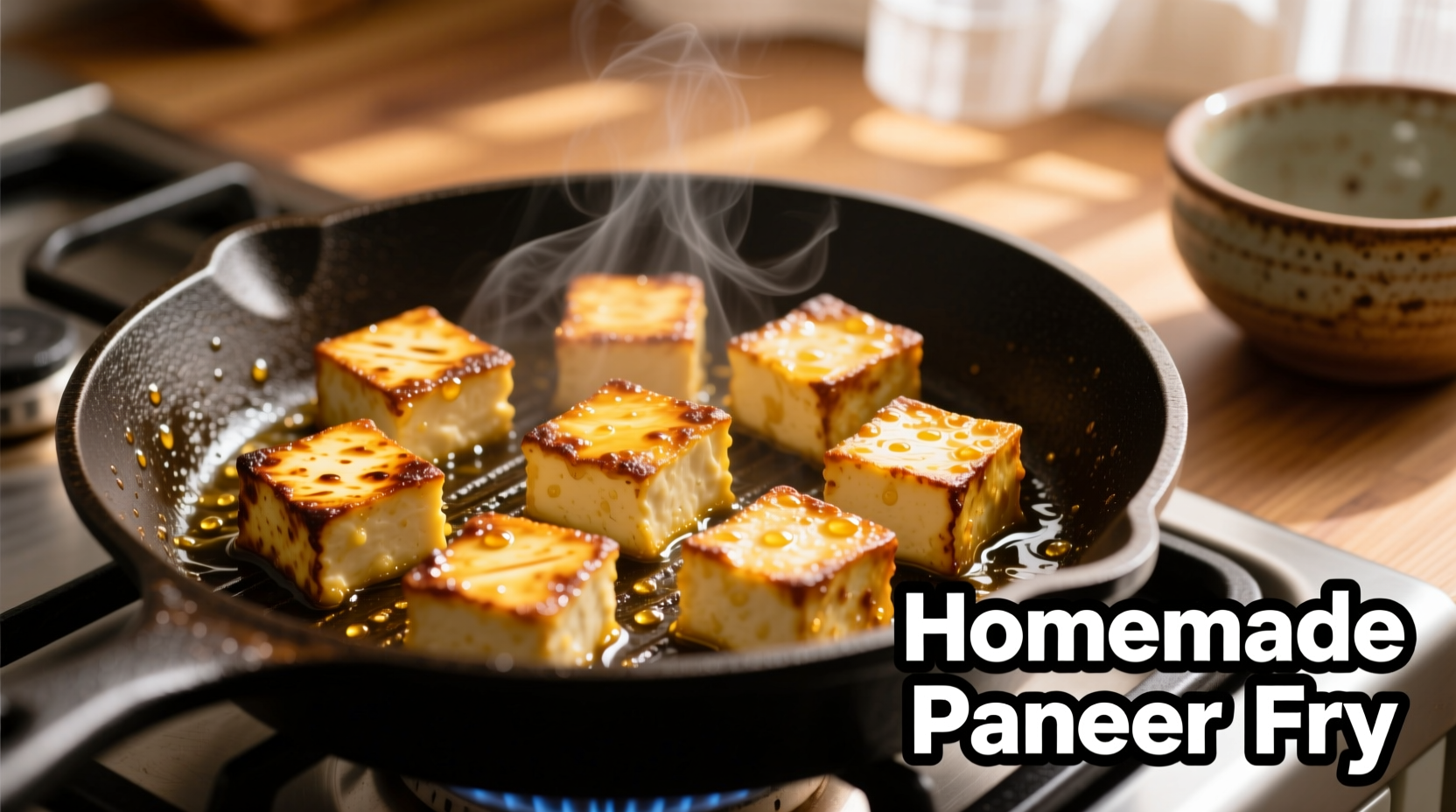 Golden brown paneer cubes frying in skillet