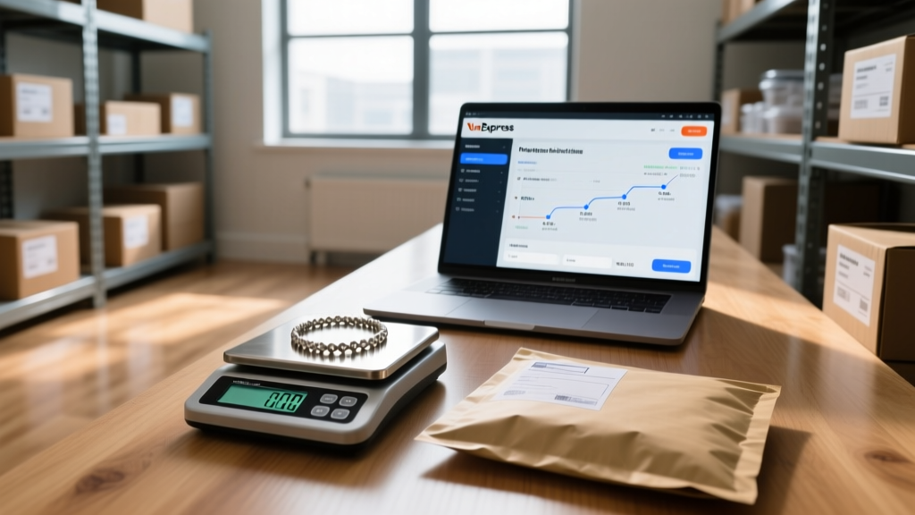 Scale weighing a poly mailer with a zinc necklace, laptop showing YunExpress routing in a softly lit dropshipping fulfillment room.