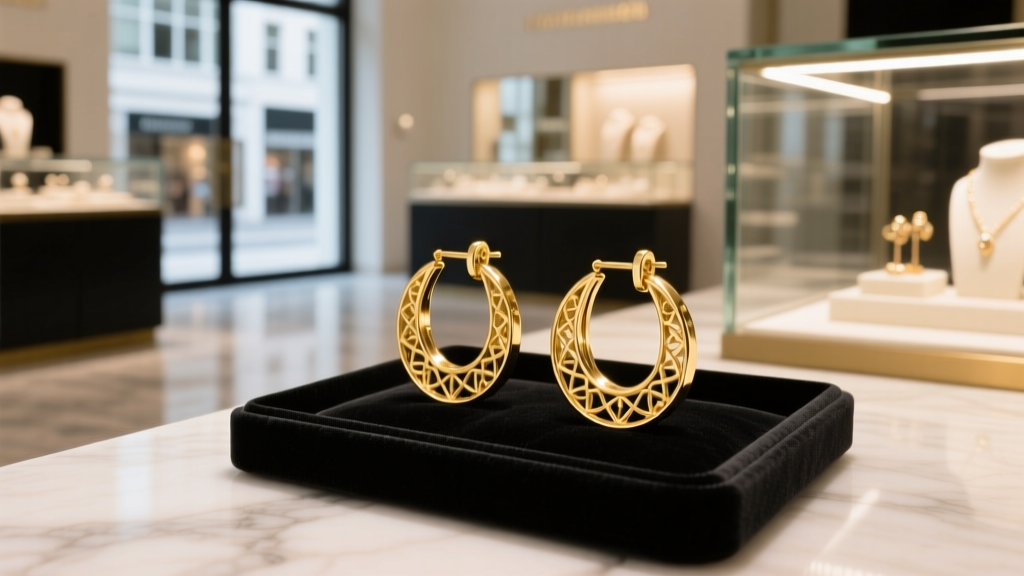 Gold-plated brass hoop earrings on a dark velvet retail tray, illuminated by warm spotlighting inside a high-street jewelry shop.