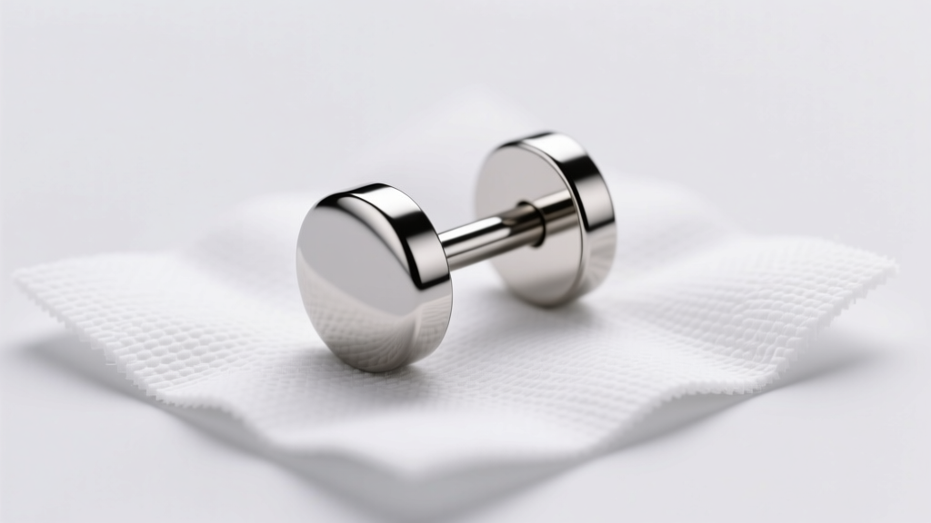Close-up of a polished titanium flat-back labret earring on sterile gauze, illuminated by soft clinical lighting in a clean studio