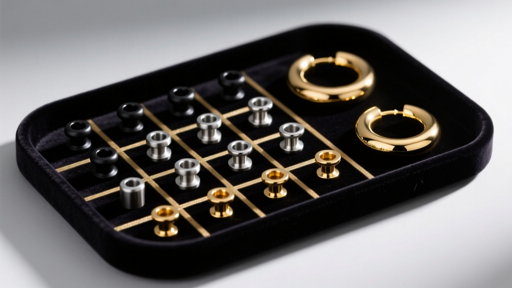 Dark velvet tray with anti-tarnish strips, bagged 16g threadless labrets, and polished 14k gold huggie hoops under soft studio lighting.