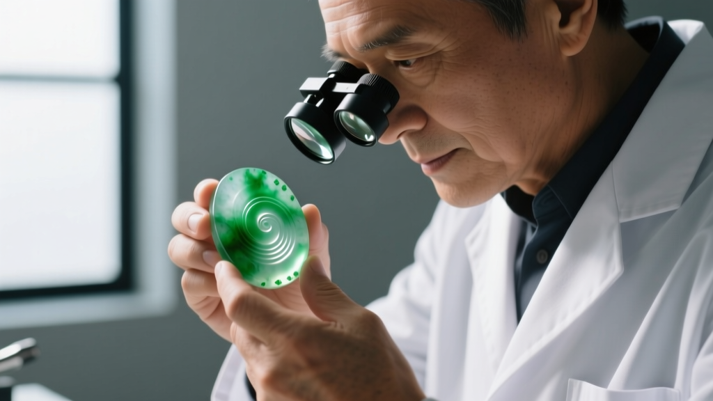 A gemologist using a 10x loupe and spectroscope to examine the dye concentrations and polymer fillings in a treated jade cabochon