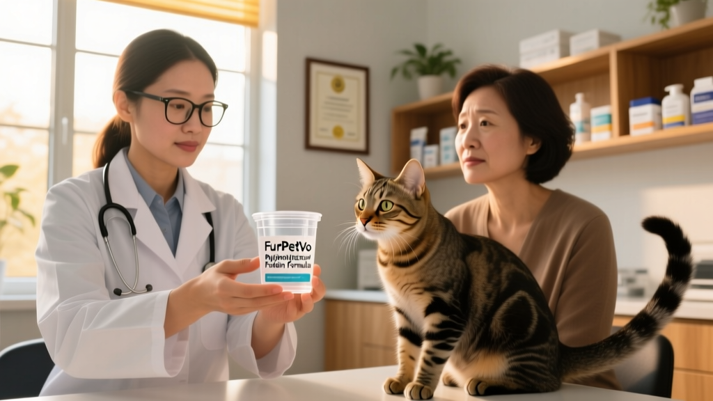 Veterinarian holding a small sample cup labeled 'FurPetVo Hydrolyzed Protein Formula' while consulting with a client and their cat