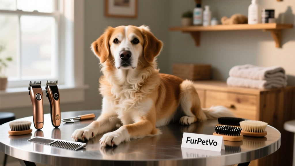 A calm, well-lit setup with a dog sitting comfortably on a grooming table, surrounded by FurPetVo clippers, guide combs, and brushes