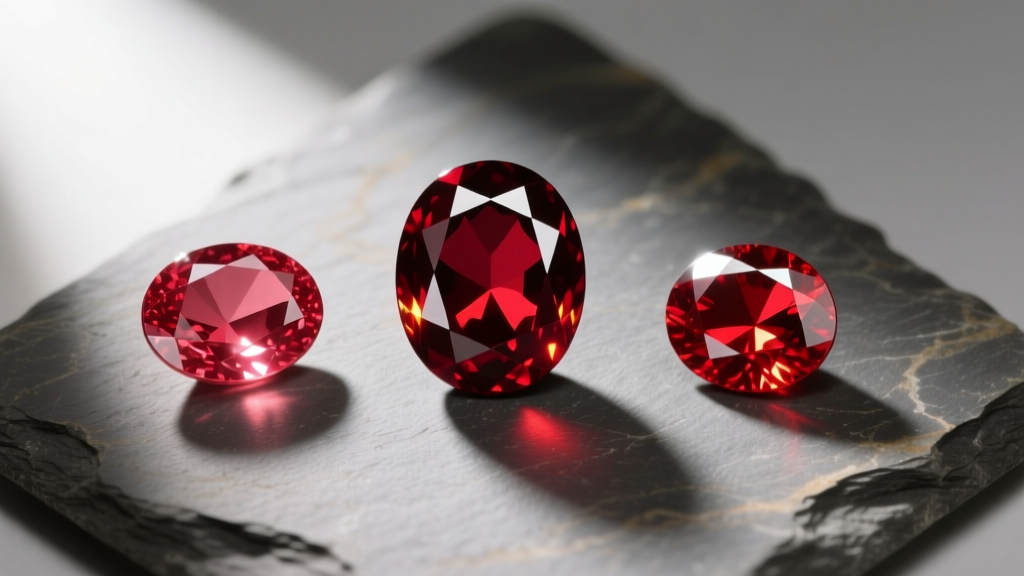 Three oval cabochon gemstones on slate: a natural ruby, a synthetic corundum, and a red spinel illuminated by a focused spotlight