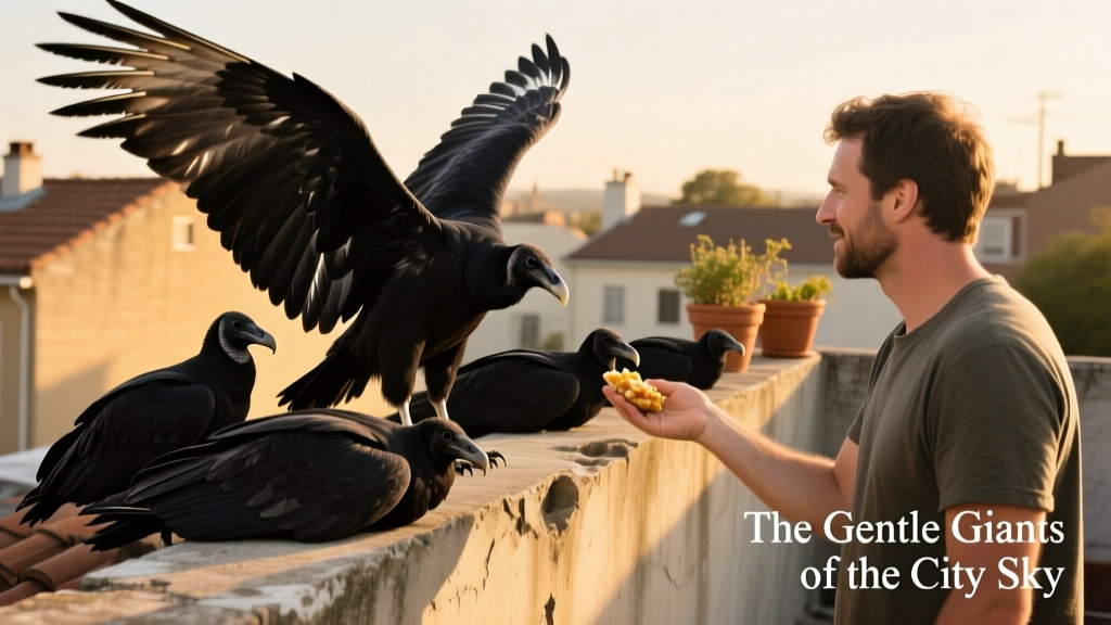 Group of black vultures resting peacefully together on a sunny rooftop