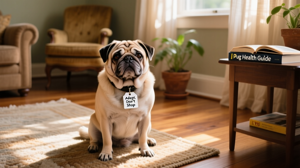 A friendly, wrinkled Pug sitting calmly on a sunlit living room rug