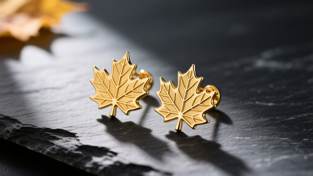 Close-up of 14k yellow gold maple leaf earrings on dark slate, highlighting delicate engraved veins and natural autumn lighting.
