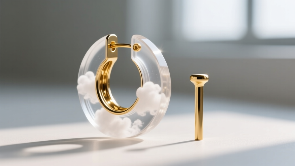 Extreme macro shot showing the stretched inner hole of a cloudy acrylic earring back next to a standard 20-gauge gold post