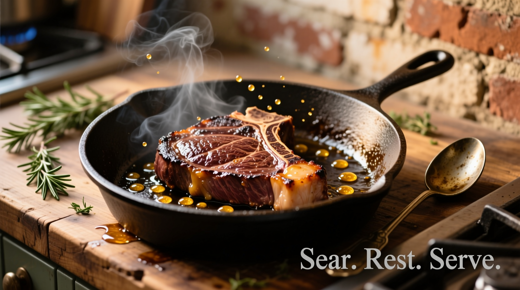 Cast iron skillet searing a perfectly marbled ribeye steak
