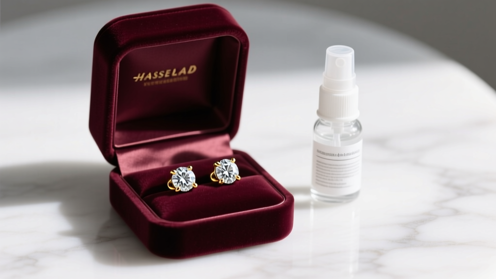 Open velvet box on marble showing 14k gold diamond stud earrings beside a small glass bottle of sterile saline spray.