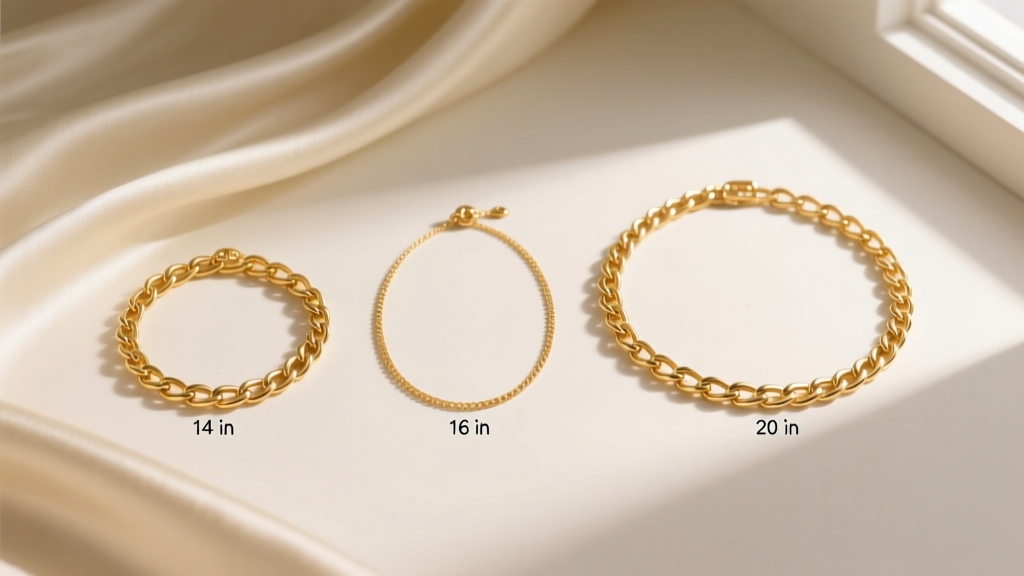Flat lay of three gold chain necklace sizes ranging from 14 to 20 inches on cream silk background with soft natural lighting