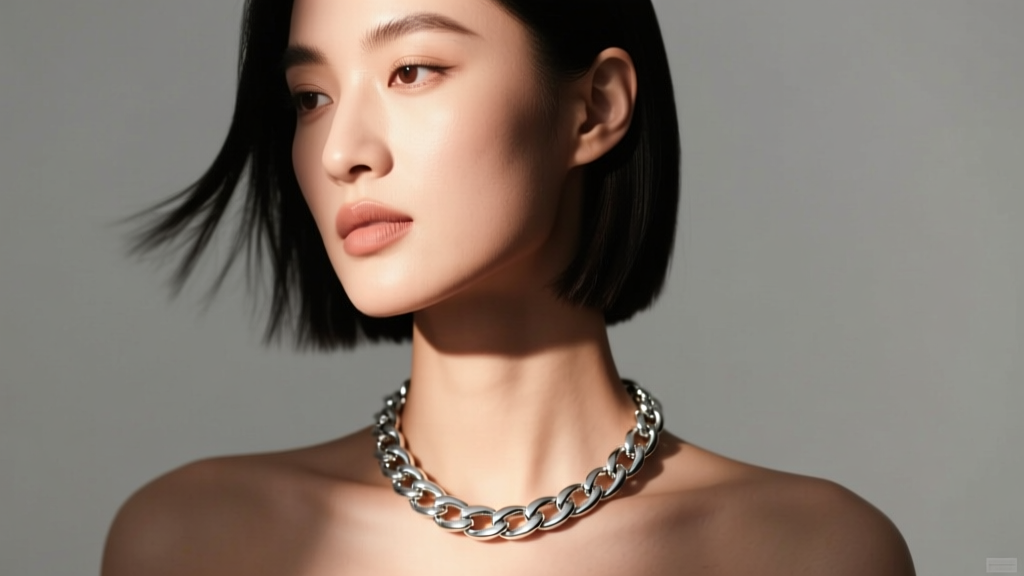 Model wearing a 12mm solid silver Cuban link necklace against a grey backdrop, lit by soft, warm directional studio lighting.
