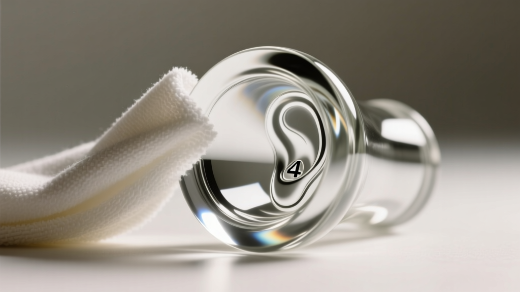 Macro shot of a 4-gauge fused quartz glass ear tunnel being wiped with a microfiber cloth, revealing a smooth, non-porous surface.