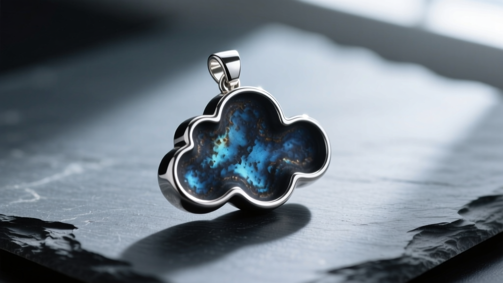 Macro shot of an oxidized silver cloud pendant showing darkened recesses and polished edges on a slate surface