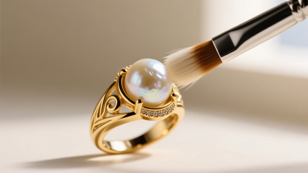 Macro shot of a soft brush cleaning an 18k gold ring setting, carefully avoiding direct contact with a mounted porous pearl gem