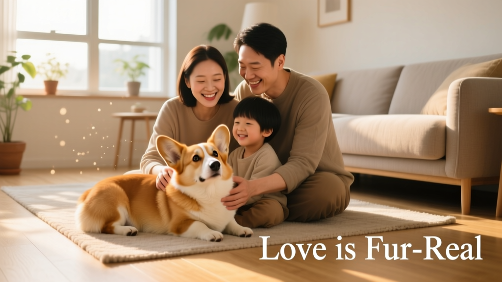 Butters the Corgi cuddling with his human family on a sunny living room floor