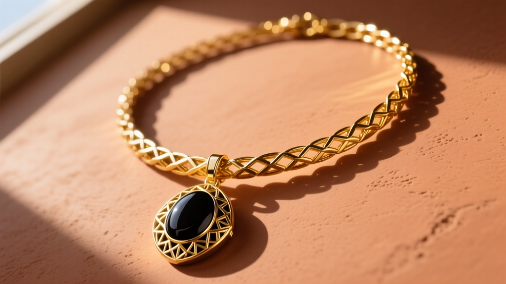 Close-up of a 16-inch 18k gold gargantilla choker with a carved azabache pendant against a sunlit terracotta wall background.
