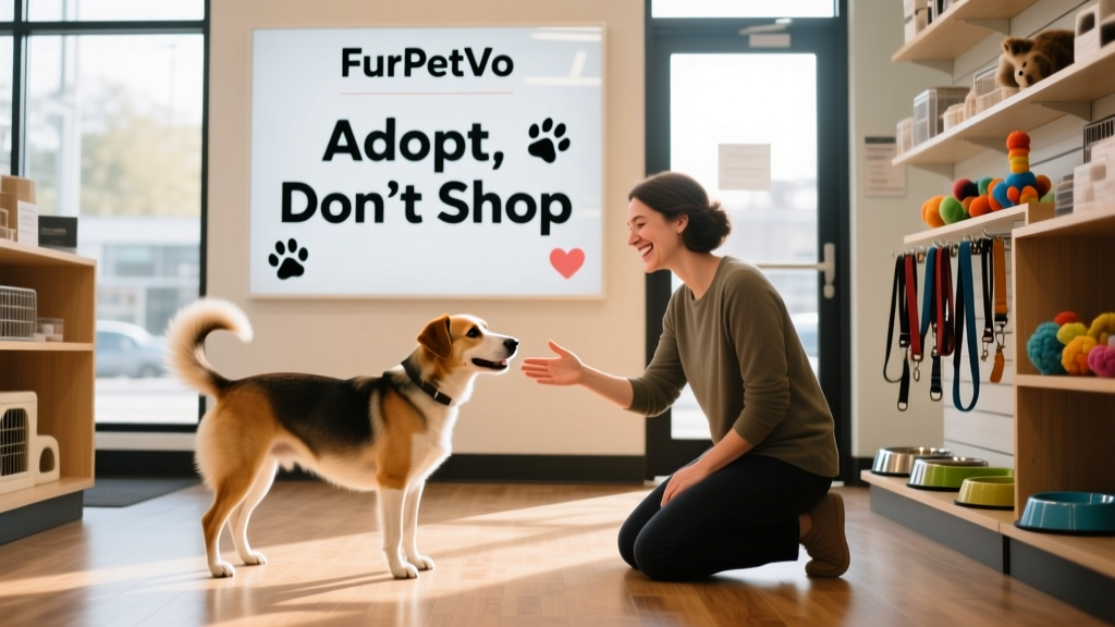 A friendly dog meeting a potential adopter inside a FurPetVo store, with adoption signage visible