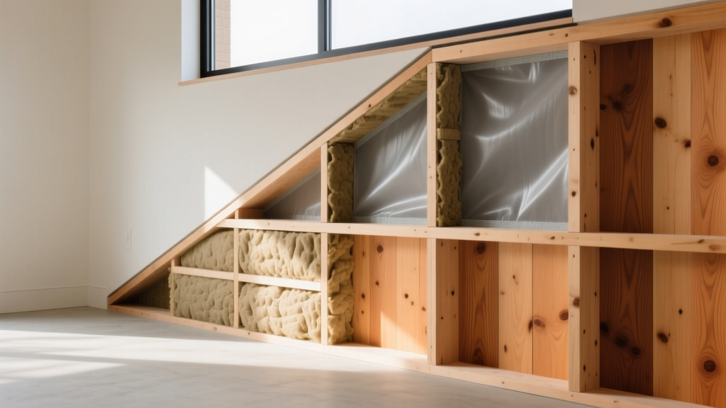 Modern timber-frame wall cross-section exposing hempcrete insulation, vapor-permeable membranes, and natural cedar cladding.