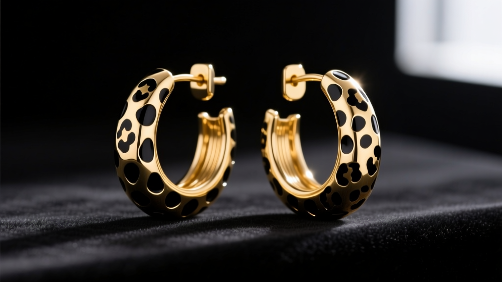 Close-up of gold-plated brass cheetah print hoop earrings on dark velvet, showing glossy black enamel spots and fine metal texture.