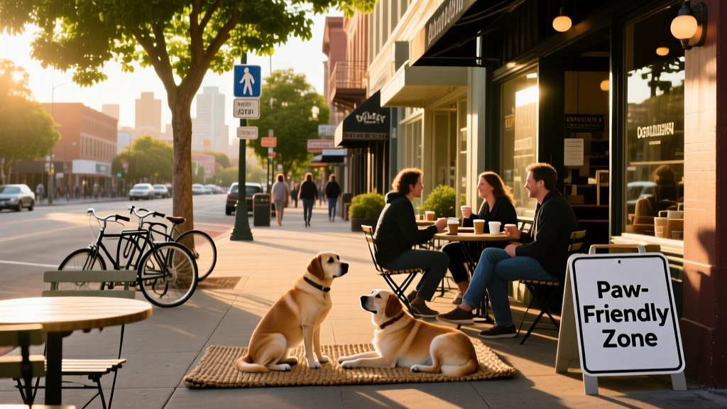 Busy downtown Berkeley street with sidewalk cafes and leashed dogs