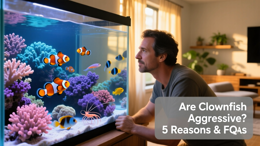 Happy aquarium owner gently observing a thriving reef tank featuring healthy clownfish, corals, and compatible tankmates