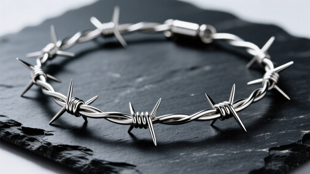 Close-up of a sterling silver barbed wire necklace on dark slate, showing twisted wire and sharp barb details under soft lighting