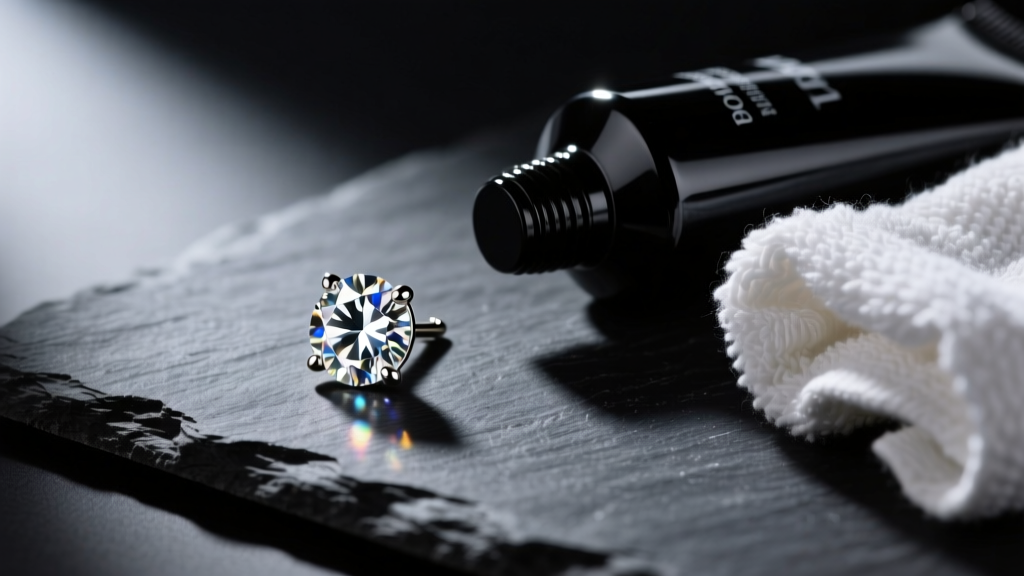 Macro shot of a diamond stud earring on dark slate next to hair pomade and a gym towel, illuminated by moody cinematic lighting.