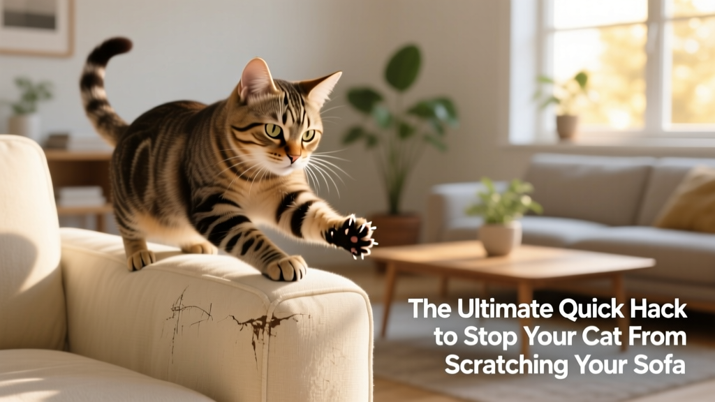 Cat mid-scratch on a fabric sofa arm, showing focused intensity