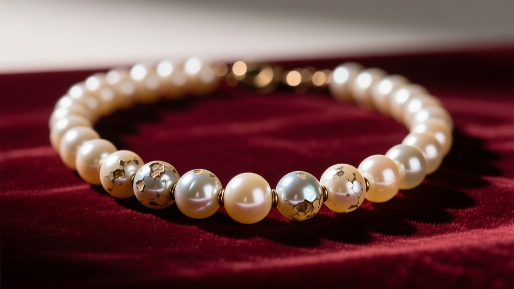 Macro shot of a vintage faux pearl necklace on velvet, revealing coating wear on glass beads under warm, directional studio light.