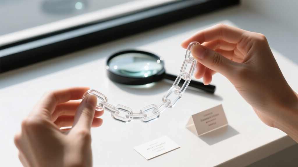 Hands pulling a clear acrylic chain necklace to test link tension, with a loupe and price tags visible in the blurred background