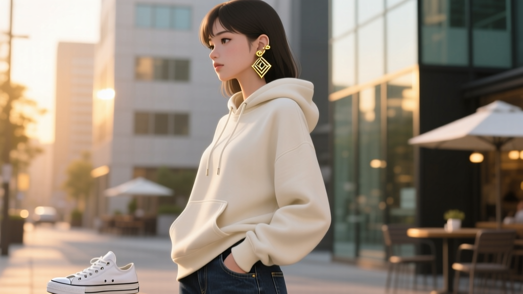 Side profile of a woman wearing subtle gold Potara stud earrings, blending anime style with casual everyday streetwear fashion.