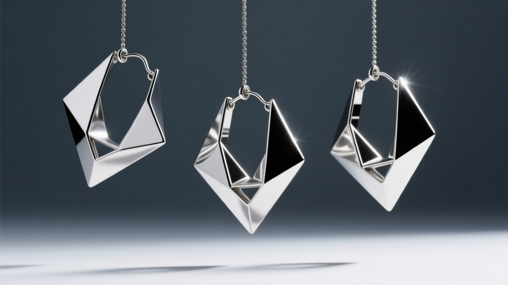 Three pairs of geometric articulated dangling silver earrings on dark slate, emphasizing sharp angles and dynamic movement.