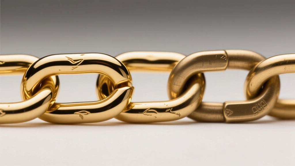 Macro shot of 14k gold vermeil chain link beside brass plated link, showing thickness and color contrast under bright studio lighting.