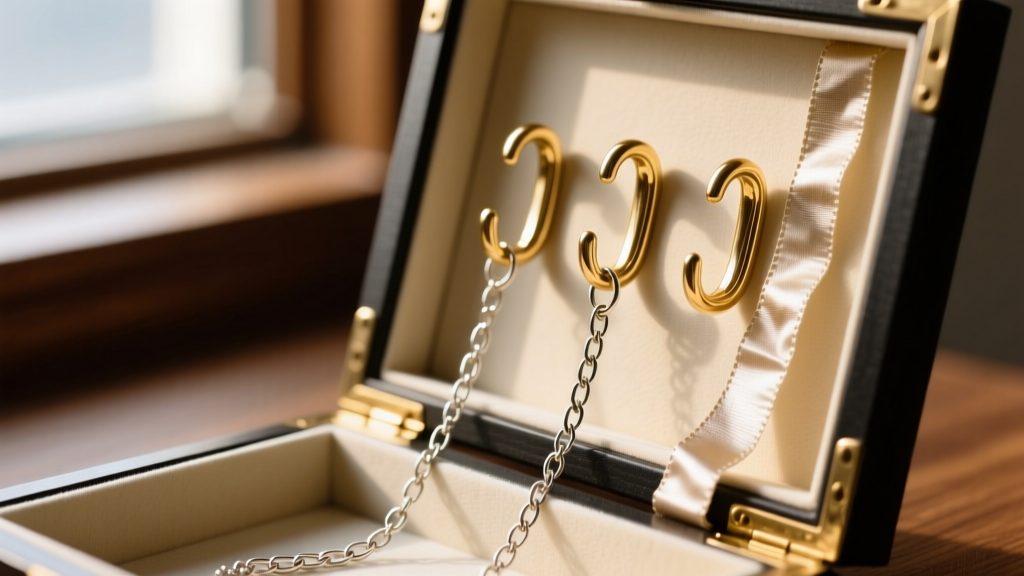 Angled brass hooks inside an open picture frame jewelry box, holding untangled silver chains next to anti-tarnish fabric strips